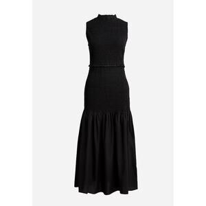 NWT J Crew Womens Smocked Down Waist Dress Medium MIdi Cotton Poplin‎ Black